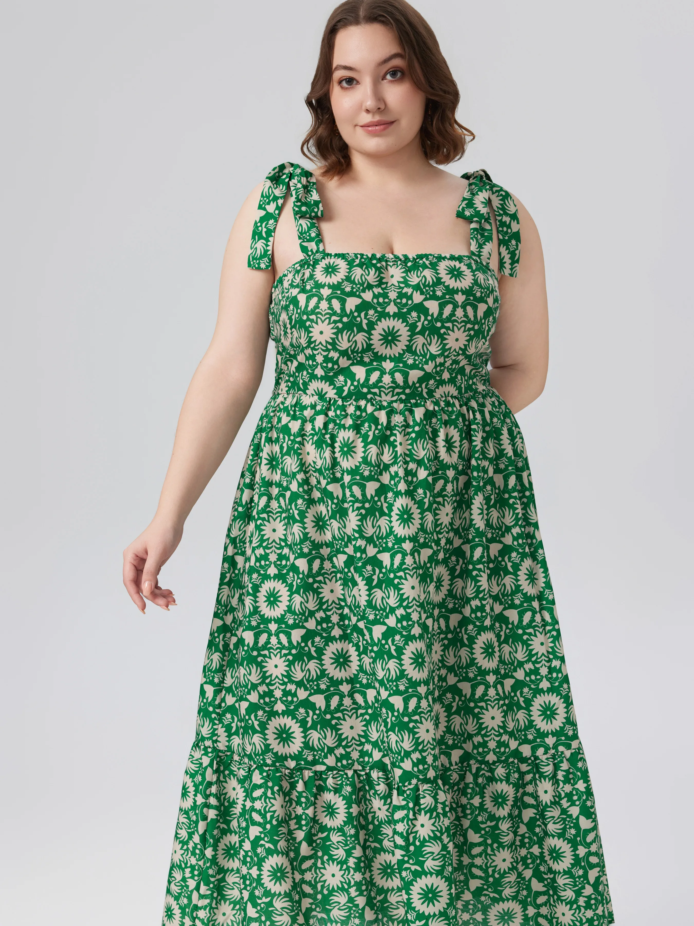  Vestido Midi con Volantes y Nudo Floral Geométrico Curvy