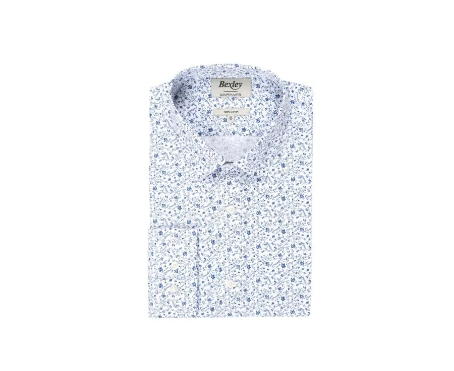 WHITE PRINTED SHIRT  BLUE FLOWERS  STRAIGHT COLLAR  FIDÉLIAS